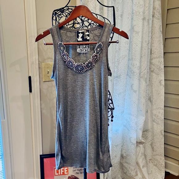 Young Fabulous & Broke Tops - D9- Young, Fabulous, & Broke Gray Distressed Embellished Tank…